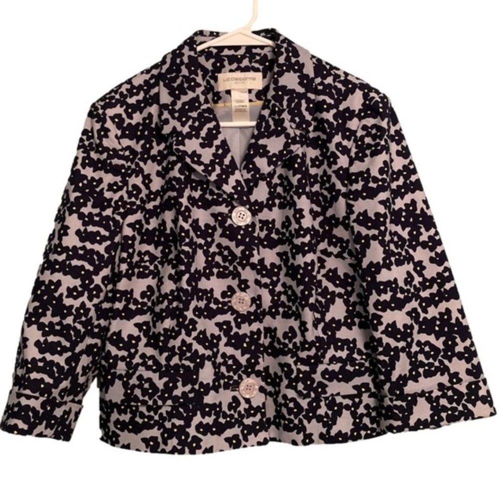 Liz Clairborne Petite Blue Floral Blazer 3/4 Sleeve Button-Up Size Large Petite